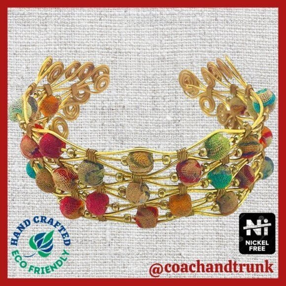 Artisan Cuff Crafted Wire Work w/Upcycled Sari Wrapped Beads NWT Sustainable - Picture 9 of 9